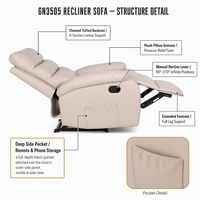 Manueller Relaxsessel aus PU-Leder, Einzelsitzer-Sofa, Liegestuhl mit Fußstütze und Seitentasche, Beige, für das Wohnzimmer
