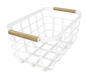 Home decorative nordic bathroom kitchen food organizer rectangular white metal wire storage basket with wood handles