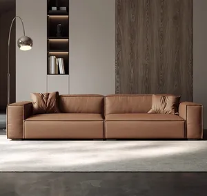Italian minimalist leather sofa set living room top grain cowhide caramel cubic design sofa set modern furniture