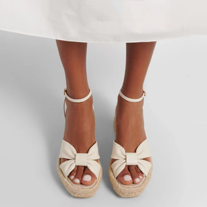 Sandales à talons compensés hauts pour femmes, en matériaux tressés fantaisie, à bout ouvert, avec nœud, grande taille 45, chaussures à plateforme à coupe large - Product Image 6