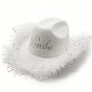Chapeaux Fedora en feutre poly-coton en gros, en stock, blancs, pour mariage, fête, bordure en plumes brillantes, style pêcheur - Product Image 2