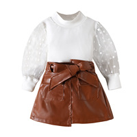 Baby Kids Girl Kleid Set Langarm Top Leder 2 Stück Rock Set Minirock Modische Kinder kleidung