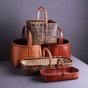 Handmade <b>Bamboo</b> Woven <b>Basket</b> Rectangle Kitchen Storage <b>Basket</b> With Rattan Handle For Neatening - Product Image 1