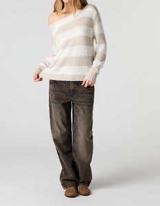 Pull décontracté rayé tricoté à la main, respirant, style coréen, épaules dénudées, pour l'hiver - Product Image 3