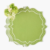 Set de table en lin festonné orné avec bordure brodée, style ferme française, lavable