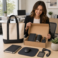 Individuelles Logo Firmen-Willkommenspaket für Neueinstellungen mit Canvas-Tasche, Notizbuch, Mauspad, Thermobecher, Ausweishalter, Stift, Geschenkbox, Großpackung