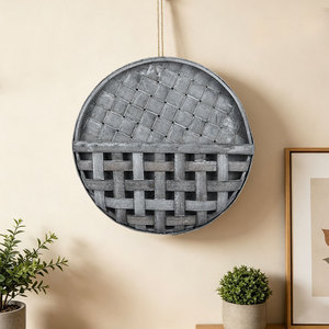 Round Wooden <b>Hanging</b> Basket <b>Wall</b> Decoration <b>Storage</b> For Home Decor Brown Woven Style - Product Image 1