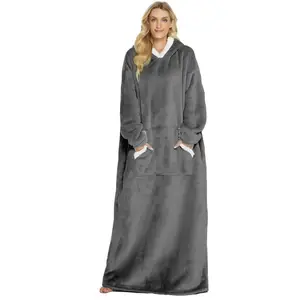 सर्दियों में पहनने योग्य हुडी कंबल, आस्तीन के साथ-साथ सुपर लंबी महिला पजामा नरम गर्म स्वेटशर्ट वयस्क शेरपा कंबल