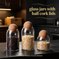 Pot de rangement élégant en verre borosilicate fait main avec couvercle en liège et bois, sans BPA, design moderne pour accessoires de cuisine