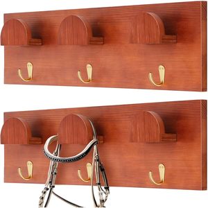 Wooden Saddle Rack <b>Wall</b> Mounted With <b>Hooks</b> For Reins And Hats Multifunctional Storage Organizer Rectangle Shape - Product Image 1