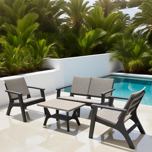 Ensemble de chat d'extérieur tout en plastique | Sièges aspect <span class=keywords><strong>rotin</strong></span>, 2 fauteuils + causeuse + table | Patio Garden Backyard Use - Product Image 3