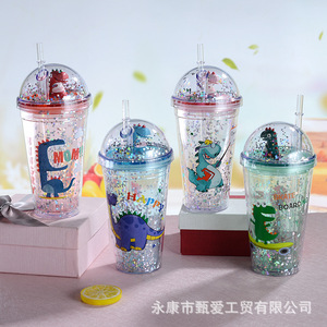 Double Layer Cartoon Dinosaur Straw <b>Cup</b> With Lid And Straw For Kids Summer <b>Drink</b> <b>Cup</b> 500Ml Party Use - Product Image 4