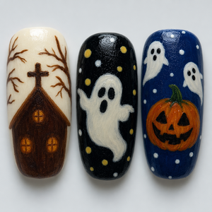 Ongles à presser Halloween, peints à la main, couvrance totale, pré-dessinés, courts à moyens, en acrylique, pour manucure de fête - Product Image 4
