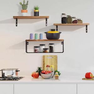Wall Mounted Wooden Storage Rack 3 Tier Iron Wood Combined Floating <b>Shelf</b> For Kitchen Living Room Plant Display - Product Image 3