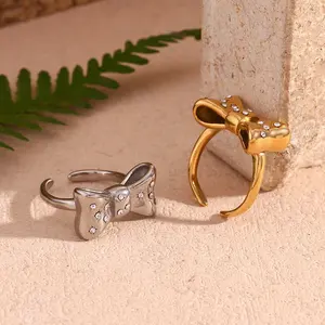 Cincin pertunangan Stainless Steel, Zirkon busur Signet mikro perhiasan cincin mode berlapis emas 18K