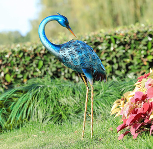 Özel mavi balıkçıl Metal kuşlar Yard sanat muhteşem vinç bahçe heykeli ile açık güneş işıkları gölet çim veranda dekor - Product Image 3