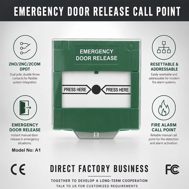 2NO/2NC/2COM DPDT Resettable Addressable Emergency Door Release Fire Alarm Manual Call Point Door Release Switch With CE FCC