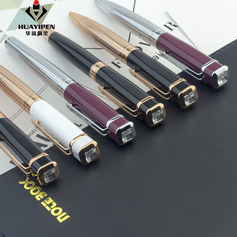 Deluxe Pen Met Graveren Vierkante Streep Kristal Hoofd Metalen Roller/Balpen Met Luxe U Clip