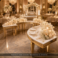 Table de réception ronde en acier inoxydable doré avec miroir en verre, forme en S, table de mariage, table de fête, table serpentine demi-lune