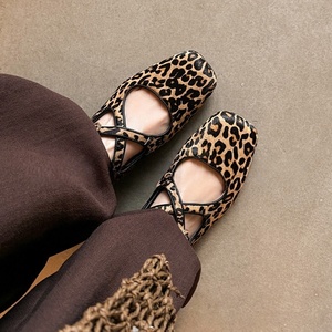Spring 2025 new leopard print mohair Mary Jane shoes with round toe cross <b>straps</b> <b>buckle</b> on the belt flat sole single shoe - Product Image 3