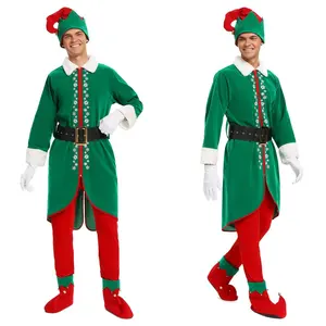 6PCS男士绿色圣诞精灵服装涤纶裤子套装角色扮演派对搞笑圣诞男装寻找