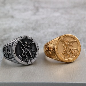 yunnique St Michael Archangel <b>Ring</b> <b>Titanium</b> Steel Men's Hip Hop Jewelry Cross Design Gift For Him Round Shape - Product Image 1