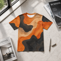 T-shirt pour homme en popeline 3D à motifs, 100% polyester, orange brûlé, terrain fluide, séchage rapide, respirant, col rond, prêt à être expédié
