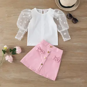 2022 Kids Meisjes Boutique Zomer Kleding Sets Meisje Mesh Bladerdeeg Witte Blouse En Roze A-lijn Rok Outfits