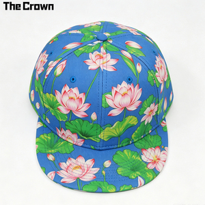 Custom Logo All Over Lotus Print 6 Panel <b>Flat</b> Brim Cap Wholesale Bulk Water Garden Floral <b>Hat</b> Structured Manufacturer - Product Image 2