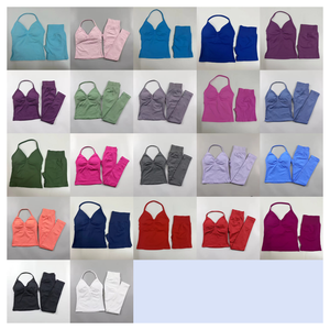 Costume de yoga beau dos licou solide hanche ascenseur ensembles de sport séchage rapide haut sans manches Scrunch bout à bout Leggings costumes de course - Product Image 2