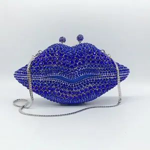 Handmade Lip Rhinestone-encrusted Blue Evening bag Women's Banquet Luxury Purses Metal Hard Crystal Lip Clutch