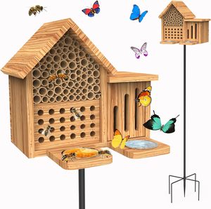 โรงแรมแมลงกันน้ำ ทำจากไม้ธรรมชาติ สำหรับผึ้งเมสัน พร้อมที่ให้อาหารและเสาโลหะ - Product Image 1