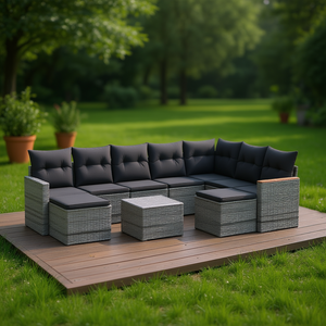 Ensemble de canapés de jardin modulaires en rotin PE gris, collection de meubles d'extérieur avec coussins, design contemporain - Product Image 2