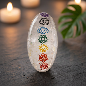 Oval <b>Crystal</b> Stone With <b>Chakra</b> Symbols Engraved For Reiki Healing Art Collectible - Product Image 2