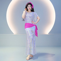 Robe longue à sequins pour danse Saidi 2026, costume de performance de danse du ventre Baladi Cane Dance avec ceinture assortie pour femmes