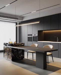 เฟอร์นิเจอร์ครัวสำเร็จรูปสไตล์อิตาเลียนหรูหราทันสมัยสำหรับโรงแรมเชิงพาณิชย์ ชุดตู้เก็บของติดผนังพร้อมไอส์แลนด์สำหรับห้องนั่งเล่น - Product Image 1