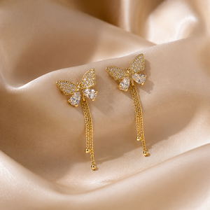Orecchini a perno con catena a farfalla e nappine per donna, eleganti, dolci, delicati, gioielli alla moda - Product Image 3