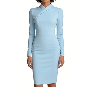 Robes longues crayon ajustées à manches longues de couleur unie pour femmes, tendance - Product Image 1