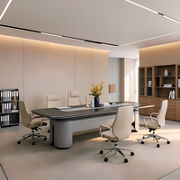 Grande table de réunion rectangulaire à bords incurvés avec rainure de gestion des câbles dissimulée, base épaisse et robuste, bureau de conférence commercial pour bureau