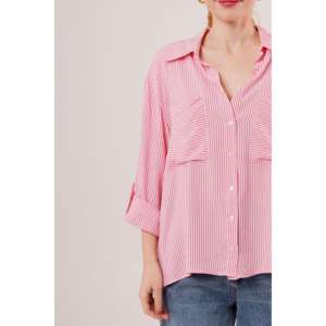 Camisa Rosa al por Mayor con Manga Murciélago, Detalle de Bolsillo a Rayas, Tallas XL, Estilo Occidental Informal para Primavera, Verano y Otoño - Product Image 5