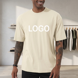 Men's Oversized <b>Cream</b> Cotton <b>T</b>-<b>Shirt</b> With Front Letter Logo Print Casual O-Neck Short Sleeve Jersey Fit - Product Image 3
