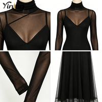 Robe moulante mi-longue noire à col roulé avec superposition en maille, fabrication OEM sur mesure pour femmes, vente en gros, fabrication sous marque privée