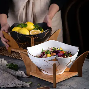 נורדי Creative פירות סלט קערת השיש זהב דפוס ביתי קרמיקה כלי שולחן מרק אטריות קערה עם במבוק מתלה