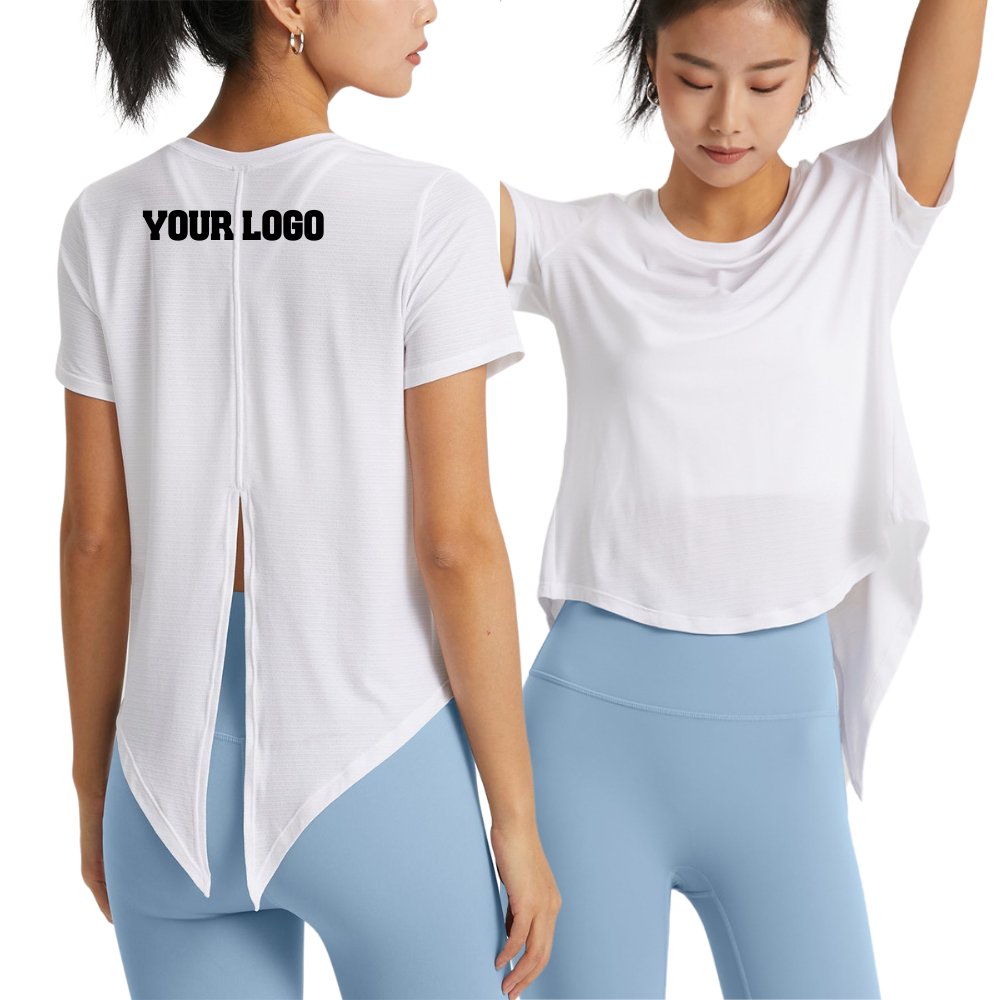 Top deportivo informal para mujer, ropa de Yoga con abertura en la espalda, camiseta de secado rápido con dobladillo curvo, 2023