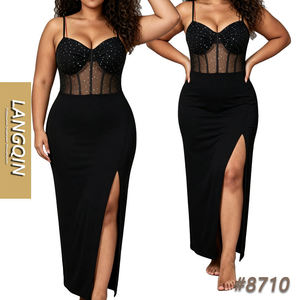 Robe longue moulante corset grande taille LANQIN avec strass, maille et baleines, fente haute, robe de soirée décontractée, soutien-gorge intégré, lavable - Product Image 1