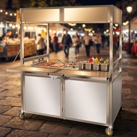 Chariot pliable en acier inoxydable pour vente ambulante de snacks, stand alimentaire personnalisé avec panneau publicitaire pour entreprise de restauration rapide en extérieur