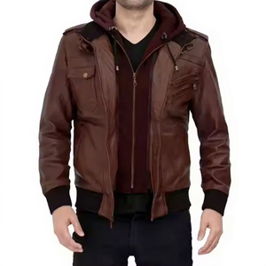 Custom New Genuine Leather Moto <b>Biker</b> Style Bomber <b>Jackets</b> for <b>Men</b> Striped Hooded Zipper Winter <b>Jacket</b> - Product Image 1