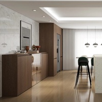 Ensemble d'armoires de cuisine modulaires sur mesure, design moderne, portes en bois massif, tiroirs à glissières en mélamine, charnières, table à manger, utilisation en appartement