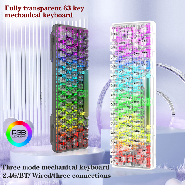60% 63 Key Desktop Wireless Transparent Acrylic Two Color Injection Molding Multimedia Rotary Button RGB Mechanical Keyboard