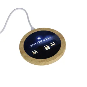 Chargeur de téléphone portable sans fil en bambou, écologique, personnalisé, avec Logo LED rond 10W, pour bureau
